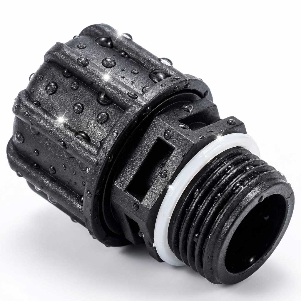 Schwarzer Kunststoffstecker mit Wassertropfen und weißem Dichtungsring.