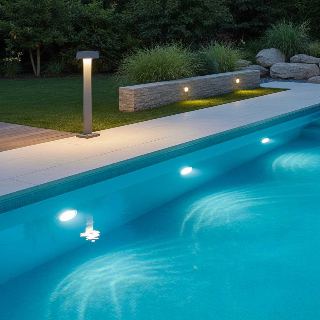 Das Bild zeigt einen Außenpool mit integrierten Unterwasserbeleuchtungskörpern.