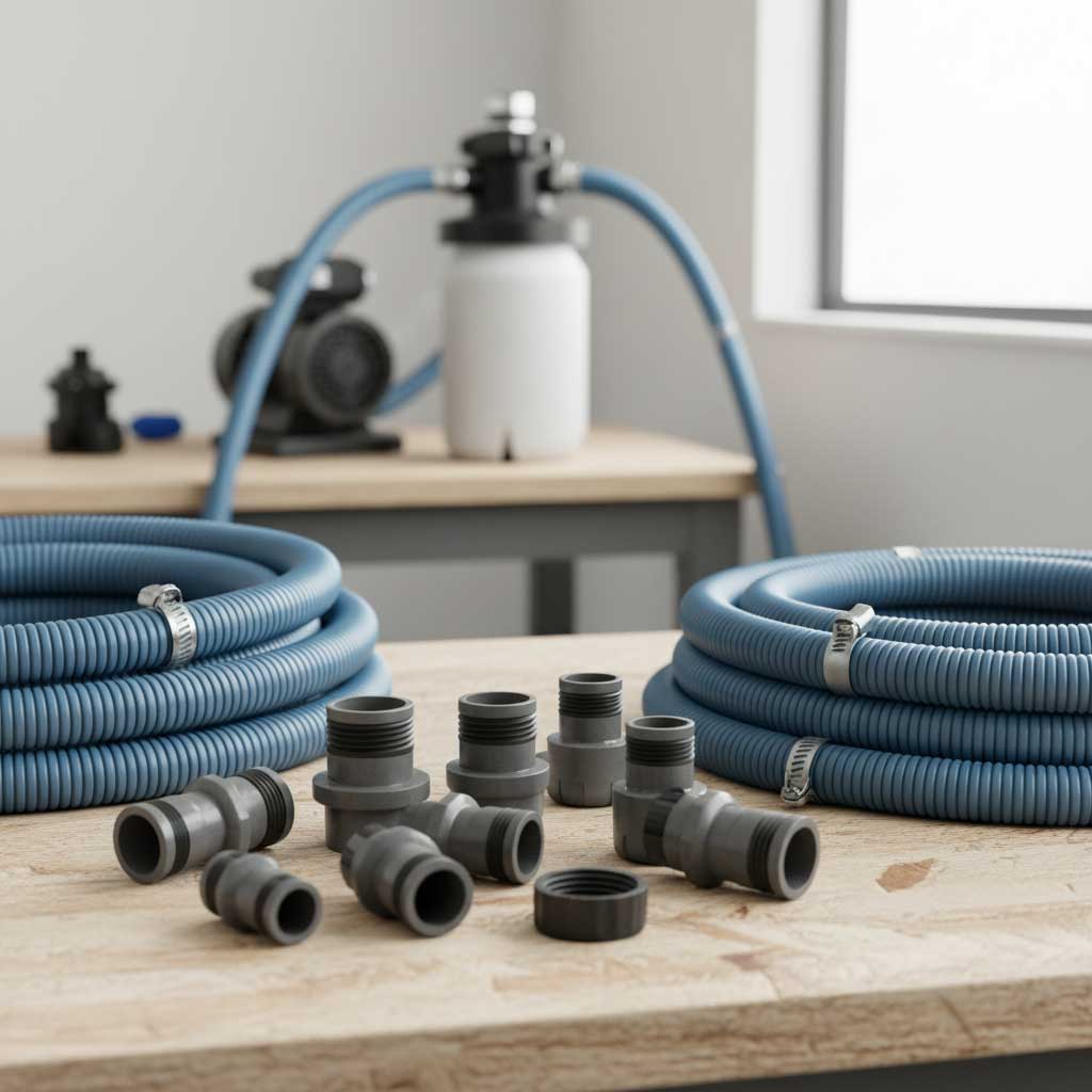 Das Bild zeigt Pool-Sanitärkomponenten: Filter, Pumpe, gerippte Schläuche und Armaturen auf einer Holzoberfläche.