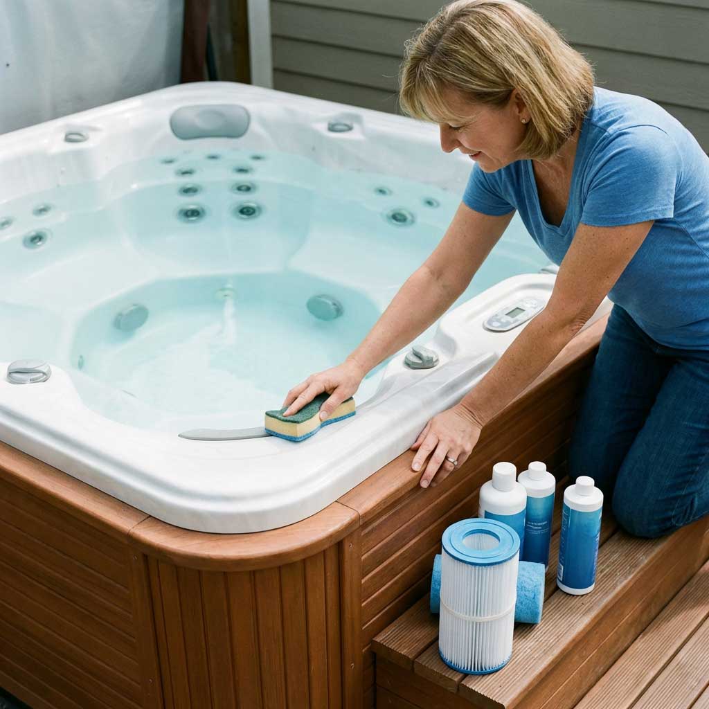 Eine Frau reinigt den Rand eines Whirlpools mit einem Schwamm; Reinigungsmittel sind sichtbar.