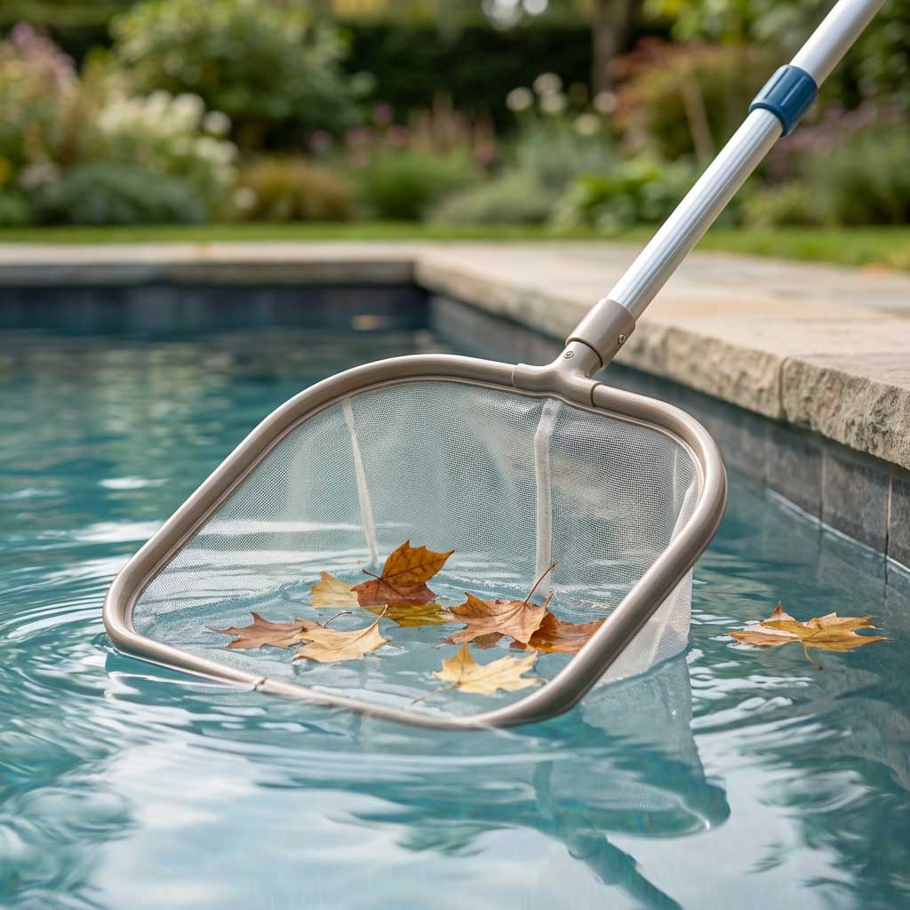 Pool-Skimmernetz, das Blätter aus einem in den Boden eingelassenen Schwimmbecken mit klarem, blauem Wasser entfernt.