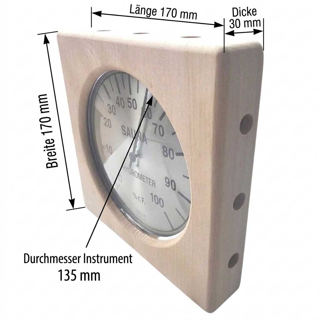 Quadratisches Sauna-Hygrometer aus Holz mit Messetiketten, die Abmessungen und Zifferblattgröße angeben.