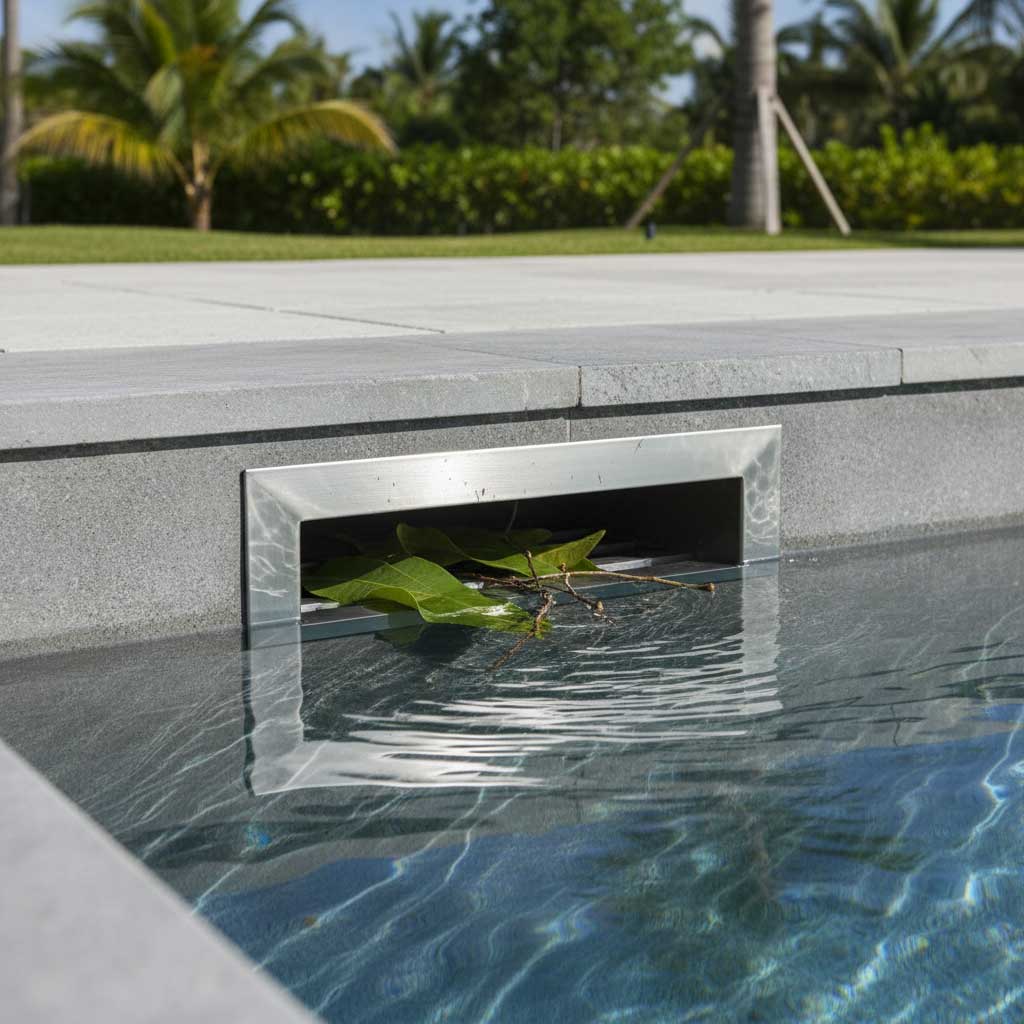 In die Wand eines Schwimmbeckens integriertes Oberflächenskimmergerät, das Blätter und Schmutz aus dem Wasser auffängt.