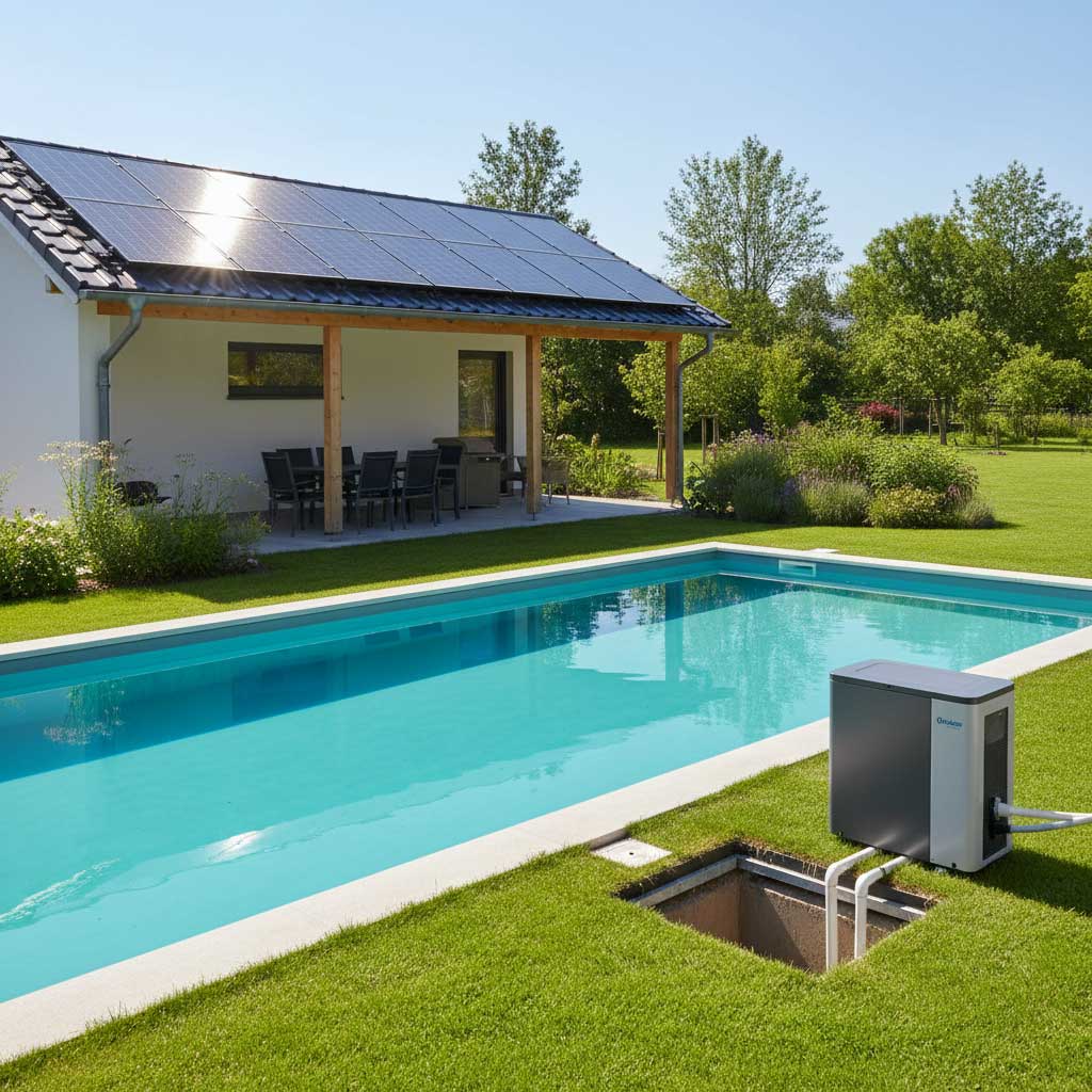 Rechteckiges, in den Boden eingelassenes Schwimmbad mit Pool-Wärmepumpe und Haus mit Sonnenkollektoren.