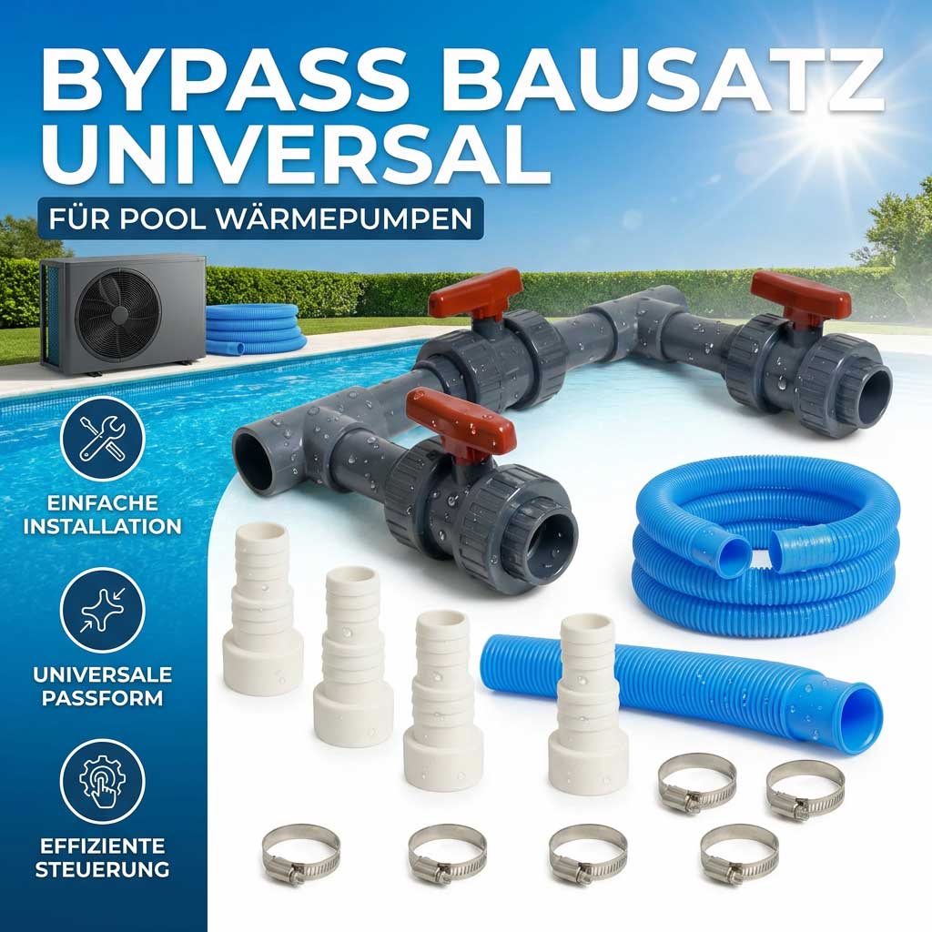 Universelles Bypass-Set für Pool-Wärmepumpen mit Schläuchen und Anschlüssen.