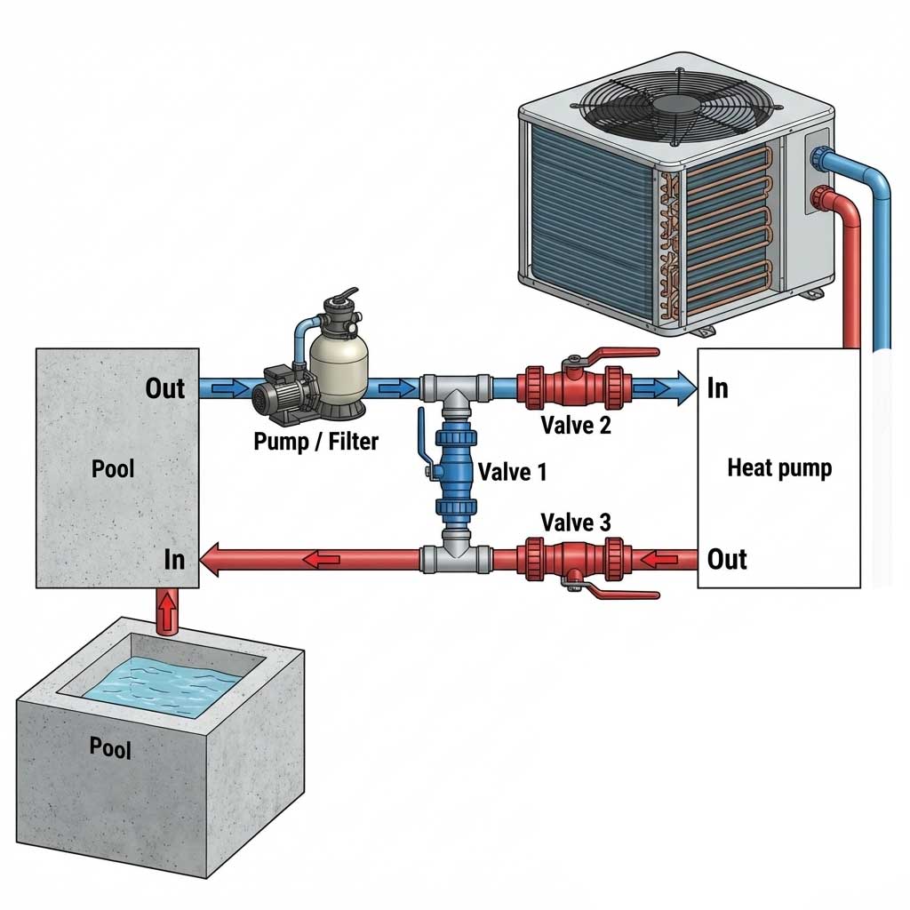 Schematische Darstellung einer Poolheizung mit Pumpe, Filter und Ventilen.