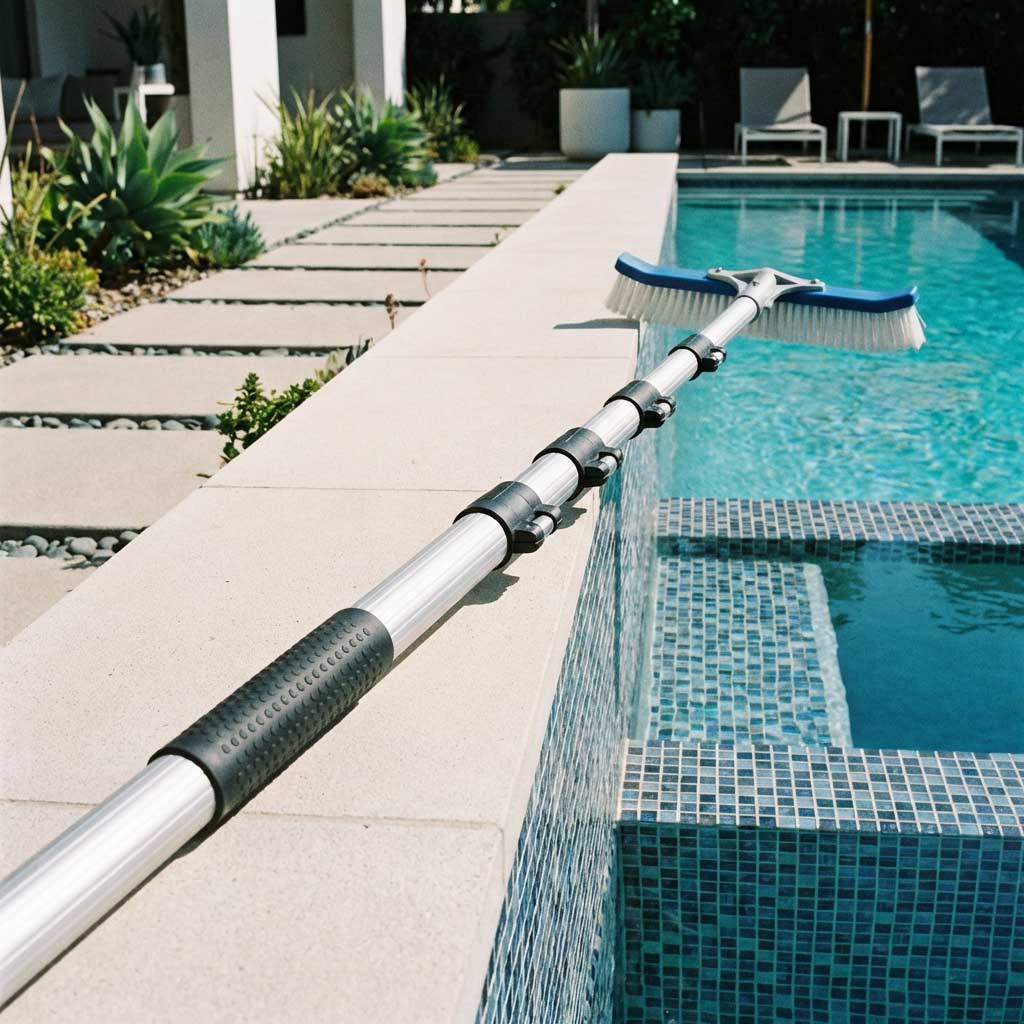 Pool-Reinigungsbürste mit Aluminium-Teleskopstange, die über einen Pool mit Mosaikfliesen-Oberfläche reicht.