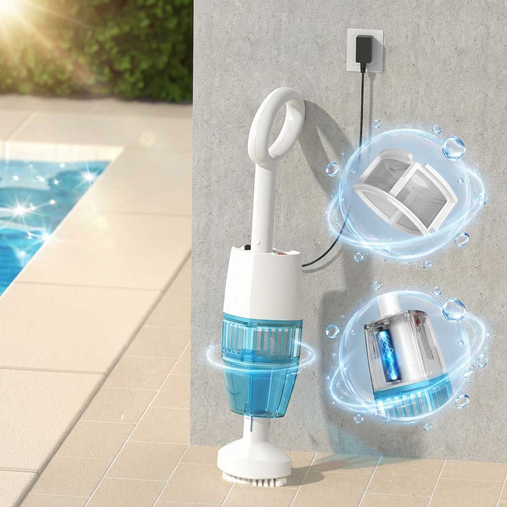 Elektrischer Poolreiniger mit abnehmbarem Filter und Ladestation.