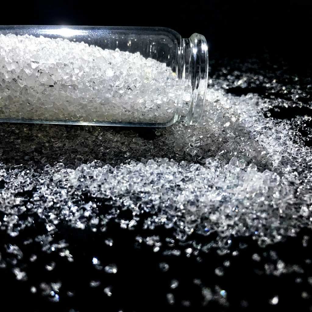 Mit kristallinem Salz gefülltes Glas, das auf eine dunkle Oberfläche verschüttet wird.