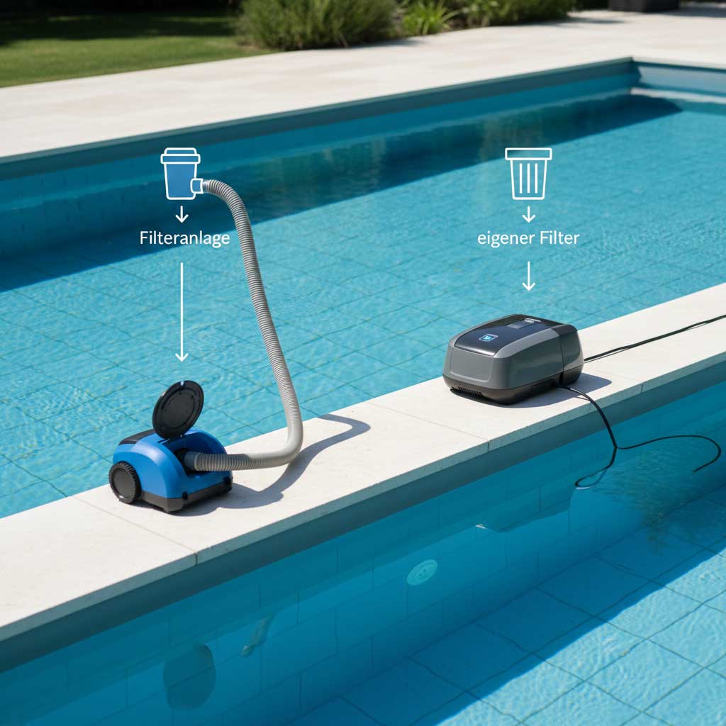 Komponenten des automatisierten Poolreinigungssystems, einschließlich der Filtereinheit und der separaten Stromversorgungseinheit.