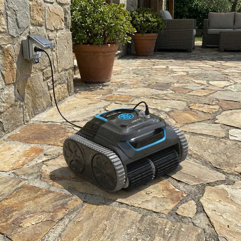 Automatischer Poolreiniger auf Steinterrasse mit Stromanschluss.
