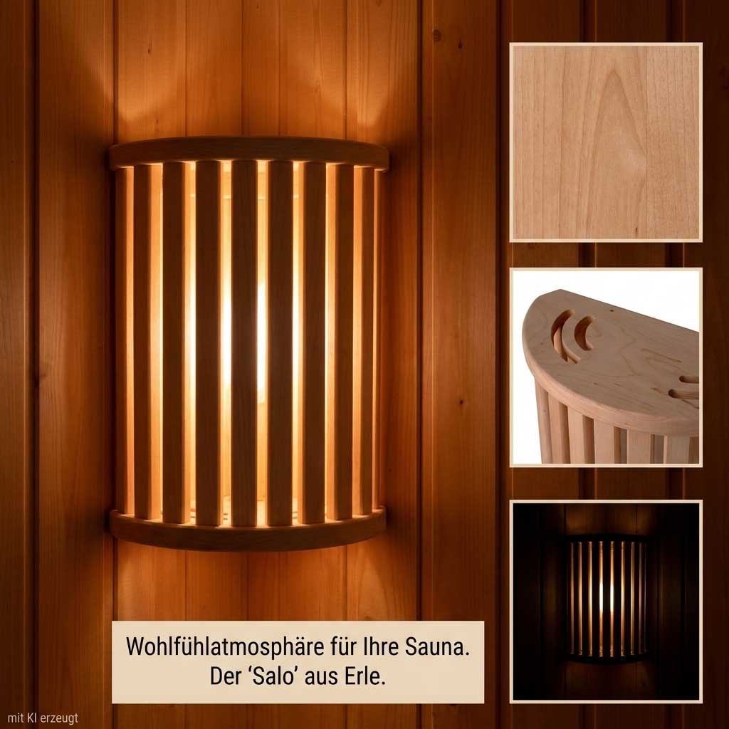 Ein hölzerner Saunalampenschirm mit vertikalen Lamellen, montiert an einer holzgetäfelten Wand.
