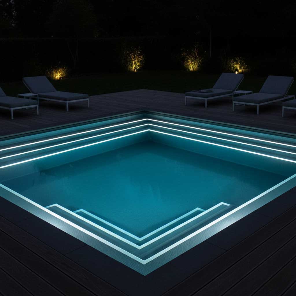 Rechteckiger Pool mit integrierter LED-Beleuchtung, nachts auf einer Holzterrasse gelegen, Liegestühle in der Nähe.