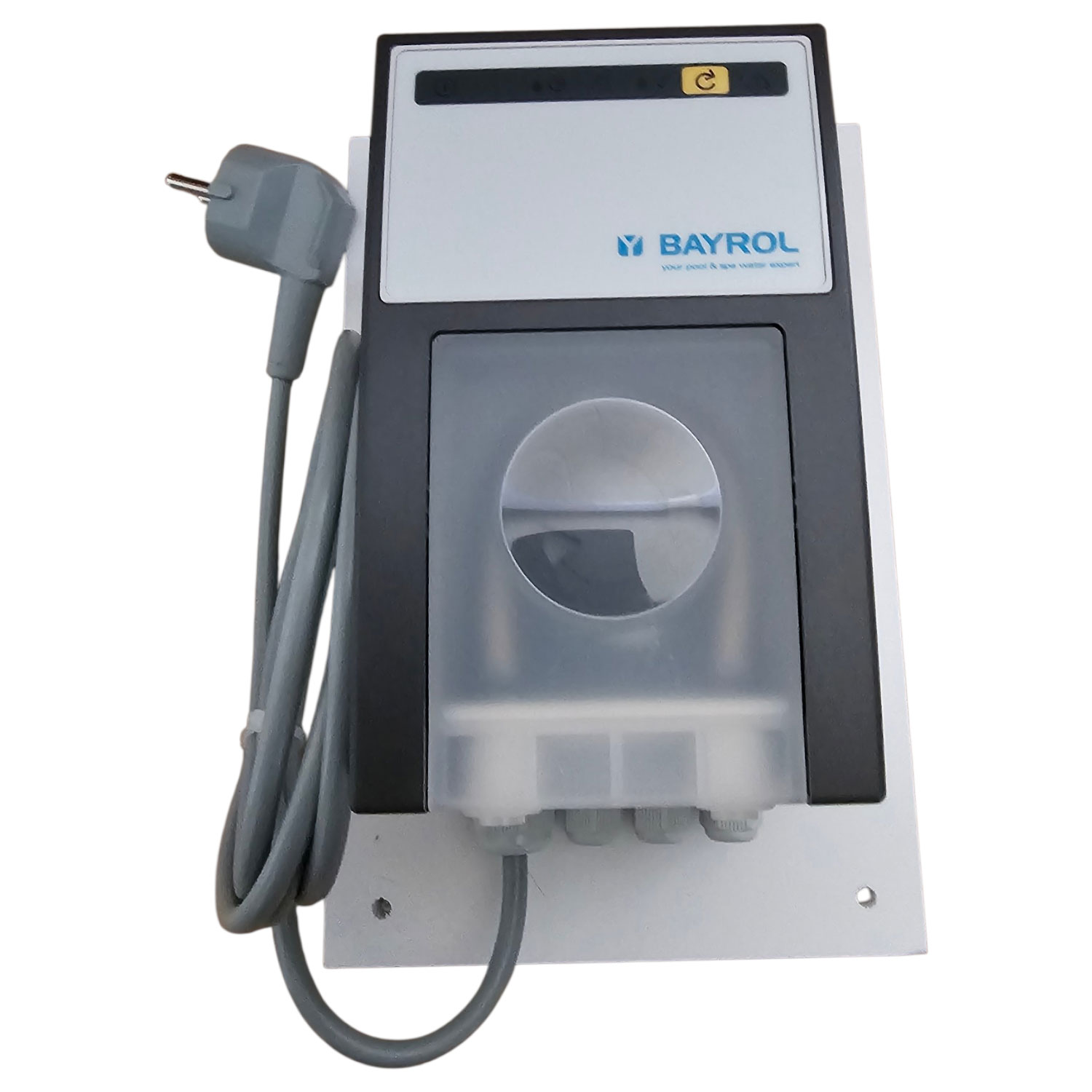 Poolsteuerungseinheit mit Anschlusskabel und Bedienelementen.