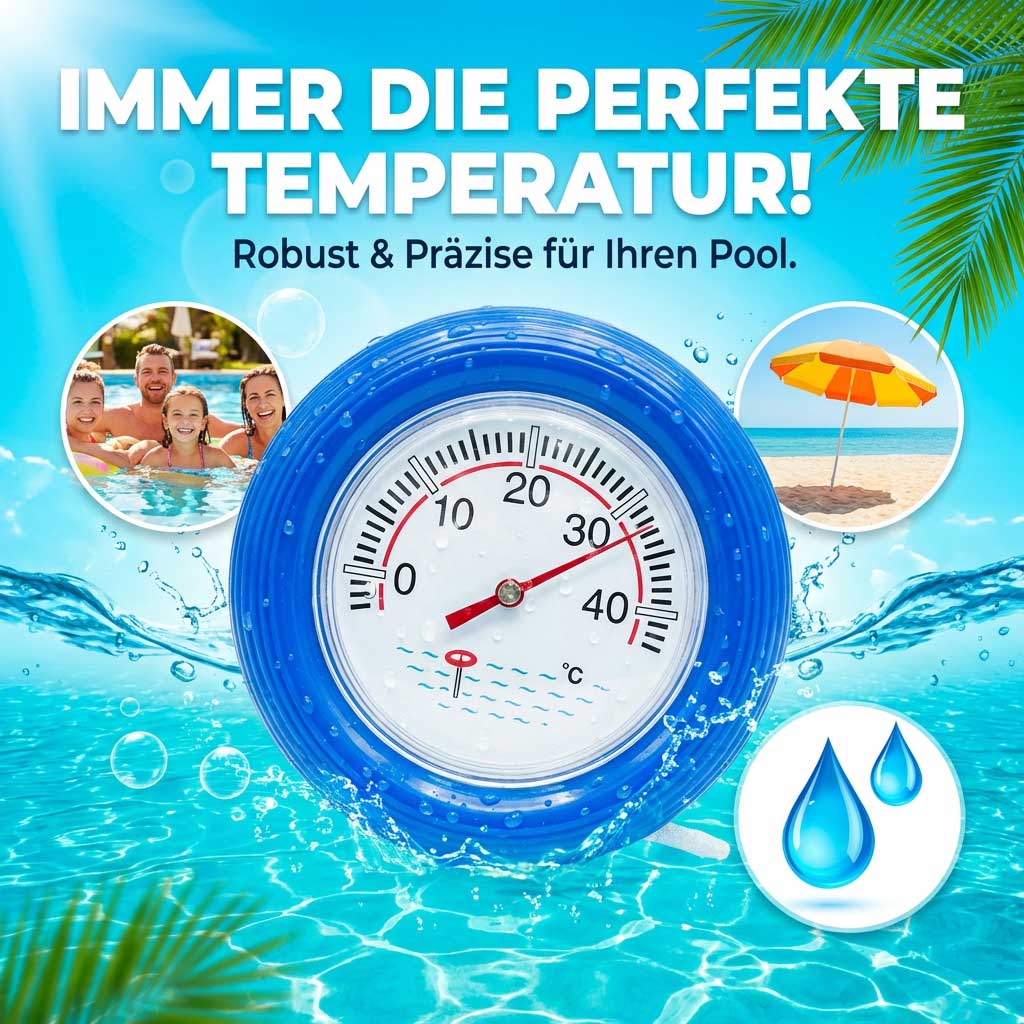 Poolthermometer mit blauer Umrandung zur Temperaturmessung im Wasser.