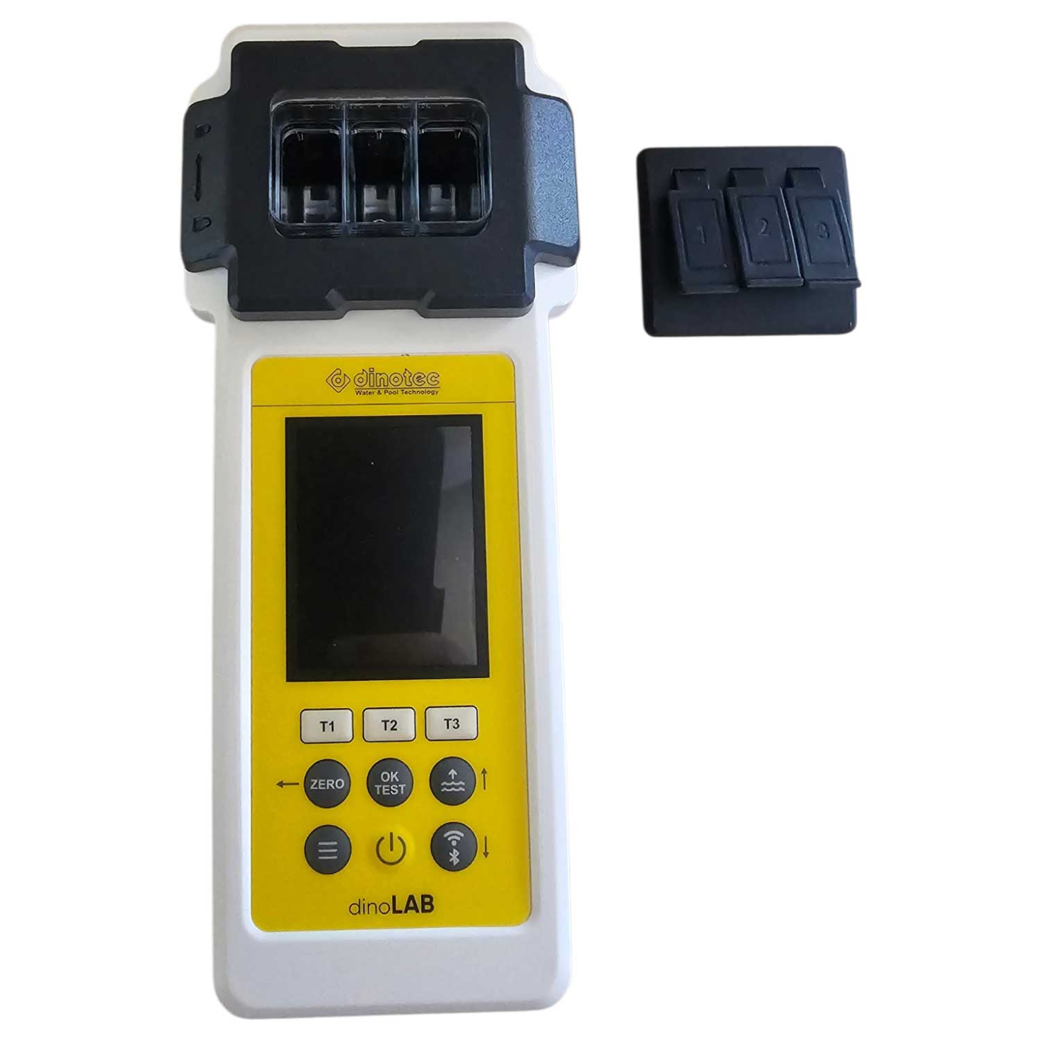 Ein digitales Wasseranalyse-Photometer mit Bildschirm, Bedientasten und separatem Abdeckteil.