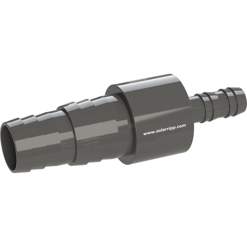 Bild einer grauen Kunststoffarmatur mit gerippten Enden, die zum Verbinden von flexiblen Rohren oder Schläuchen verwendet wird.