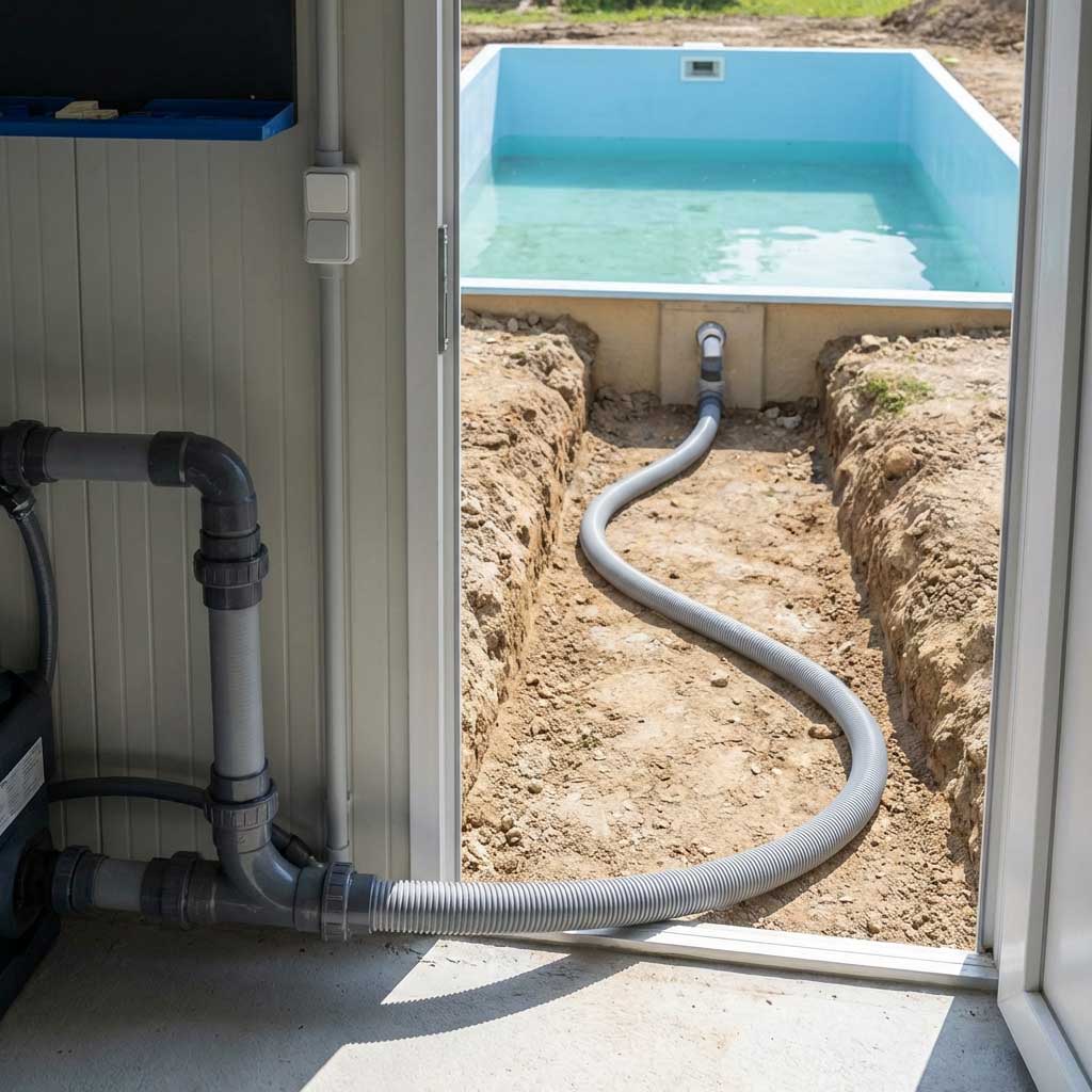 Bild eines im Bau befindlichen Schwimmbades mit sichtbaren Rohrleitungen und Bodenaushub.