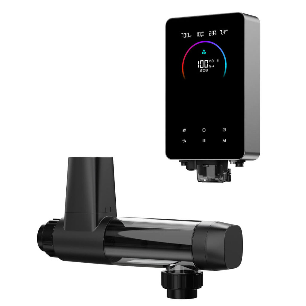 Schwarzer digitaler Poolcontroller mit transparentem Rohrmodul.