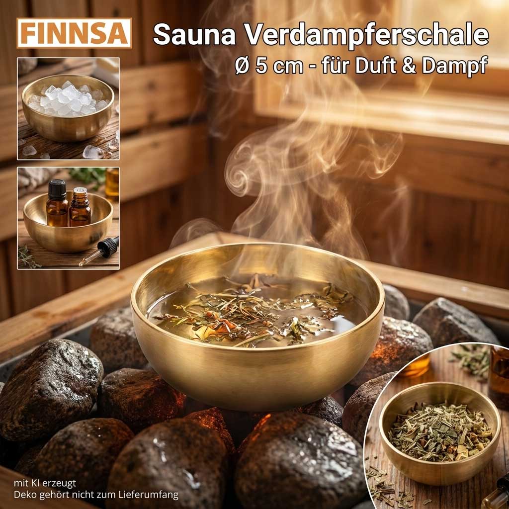 Eine Sauna-Verdampferschale aus Messing, gefüllt mit Wasser und Kräutern, die auf heißen Saunasteinen steht.