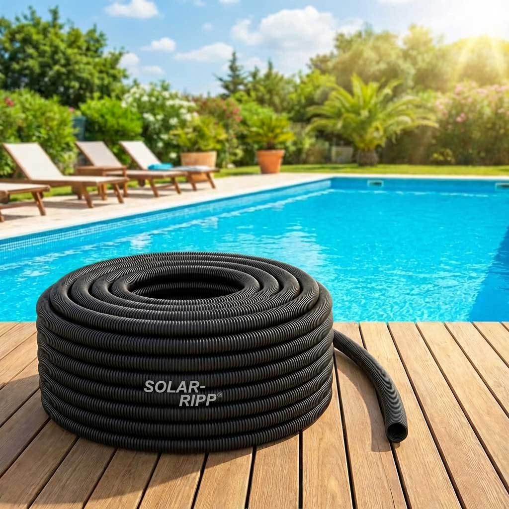 Aufgerollter Solar-Ripp-Poolheizungsschlauch auf einer Holzterrasse neben einem blauen Swimmingpool.