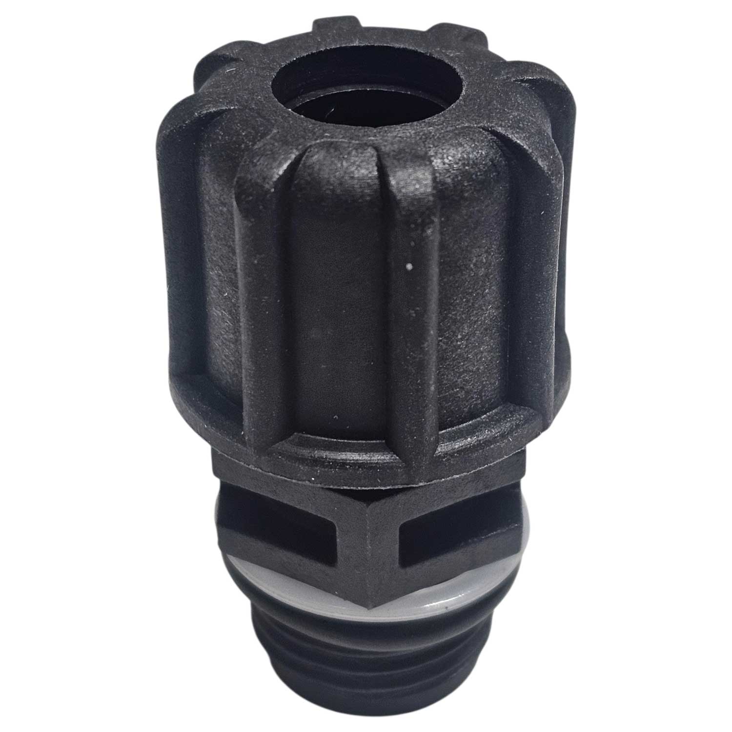 Schwarzer Wasserventilanschluss mit strukturiertem Griff für sichere Handhabung.