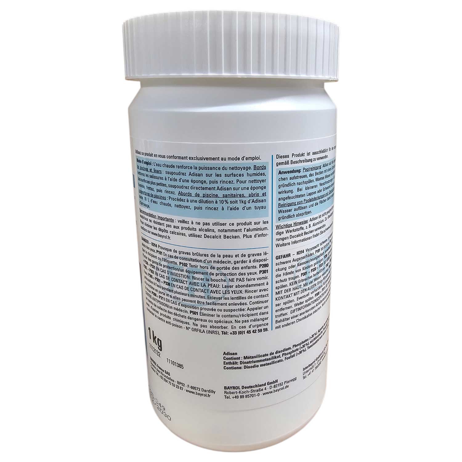 Behälter mit Reinigungsmittel mit mehrsprachigen Anweisungen und Sicherheitsinformationen.
