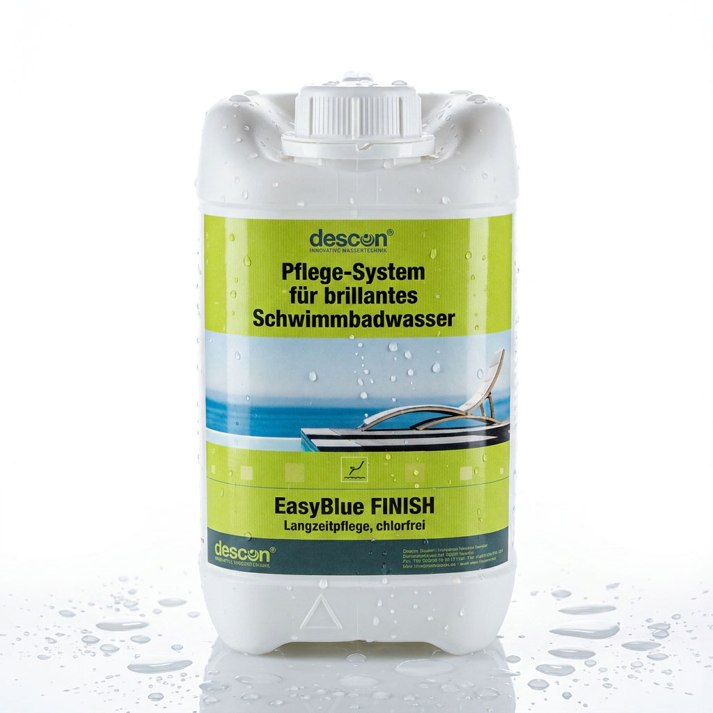 Behälter für Poolpflegesystem mit Wassertropfen.
