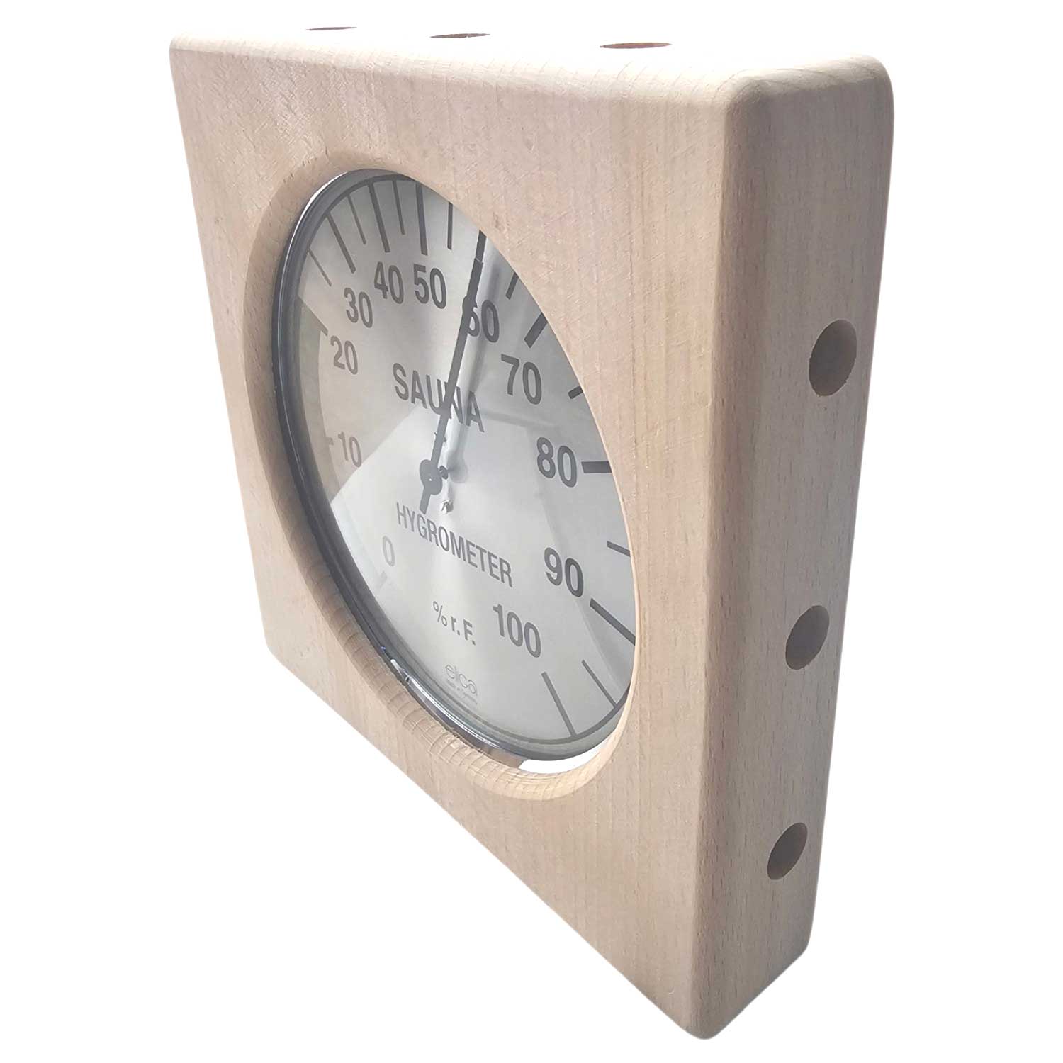 Ein quadratisches Sauna-Hygrometer aus Holz mit einem runden analogen Messgerät zur Anzeige der Luftfeuchtigkeit.