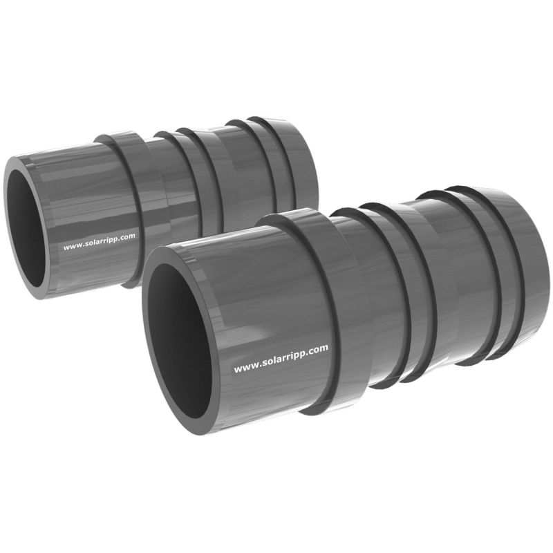 Zwei graue Rohrverbinder aus Polyvinylchlorid (PVC), die für Flüssigkeitsübertragungs- und Sanitärsysteme verwendet werden.