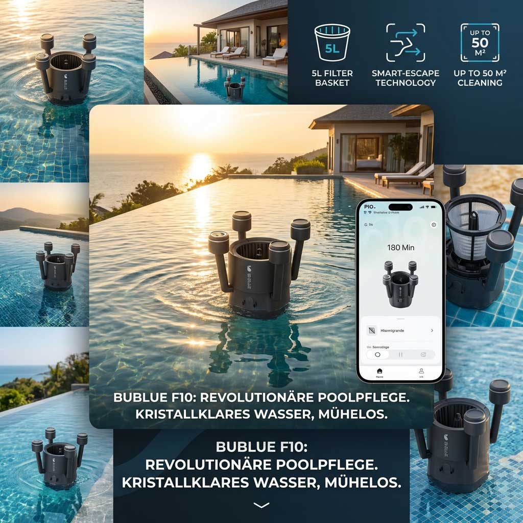 Ein schwarzer Poolreinigungsroboter in einem Infinity-Pool mit Sonnenuntergangshintergrund.