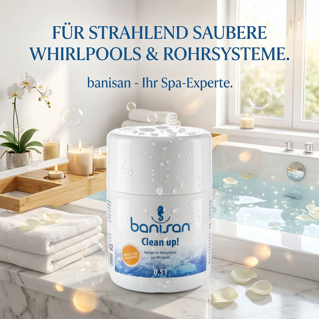 Behälter zum Reinigen von Whirlpools und Rohrsystemen auf einer Badezimmerarbeitsplatte.