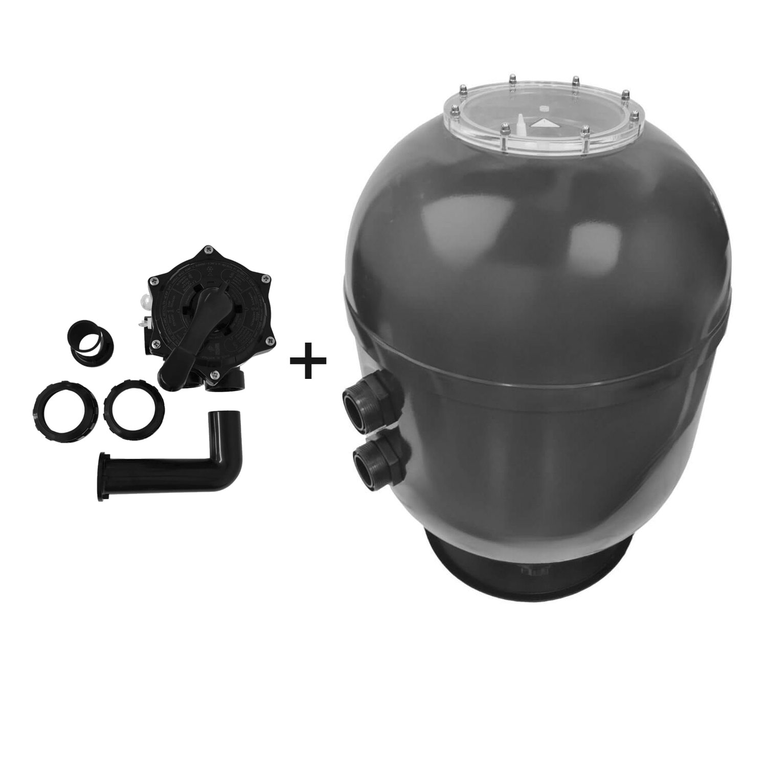 Komponenten des Poolfiltersystems, einschließlich Tank, Mehrwegeventil und Sanitärarmaturen für die Wasserfiltration.