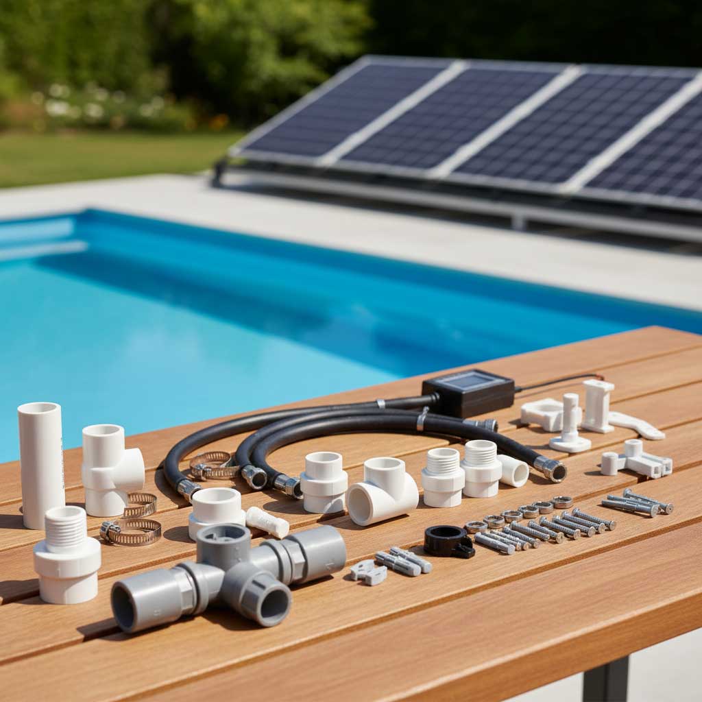 Installationskomponenten für Poolausrüstung auf einer Holzoberfläche in der Nähe eines Schwimmbads und Sonnenkollektoren.