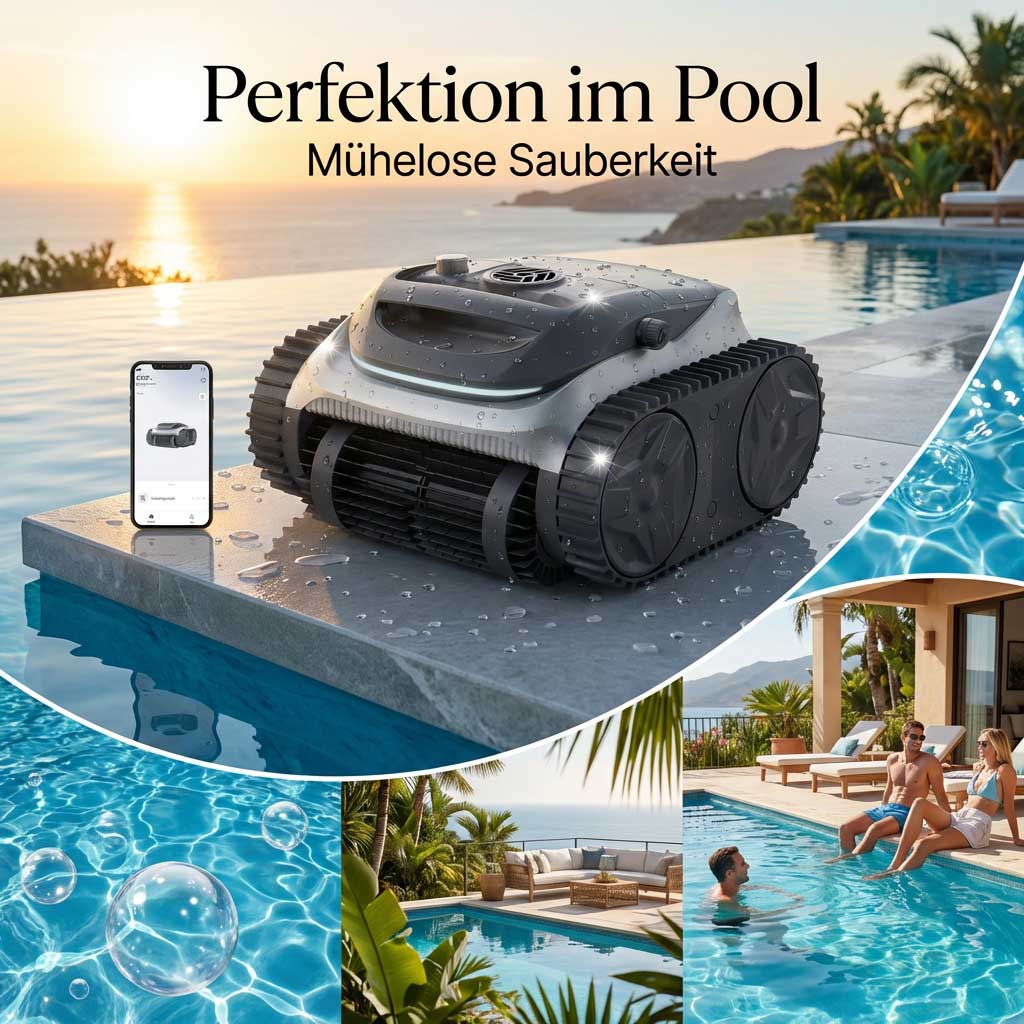 Roboter-Poolreiniger am Beckenrand, mit Smartphone-App-Schnittstelle und verschiedenen Poolszenen.