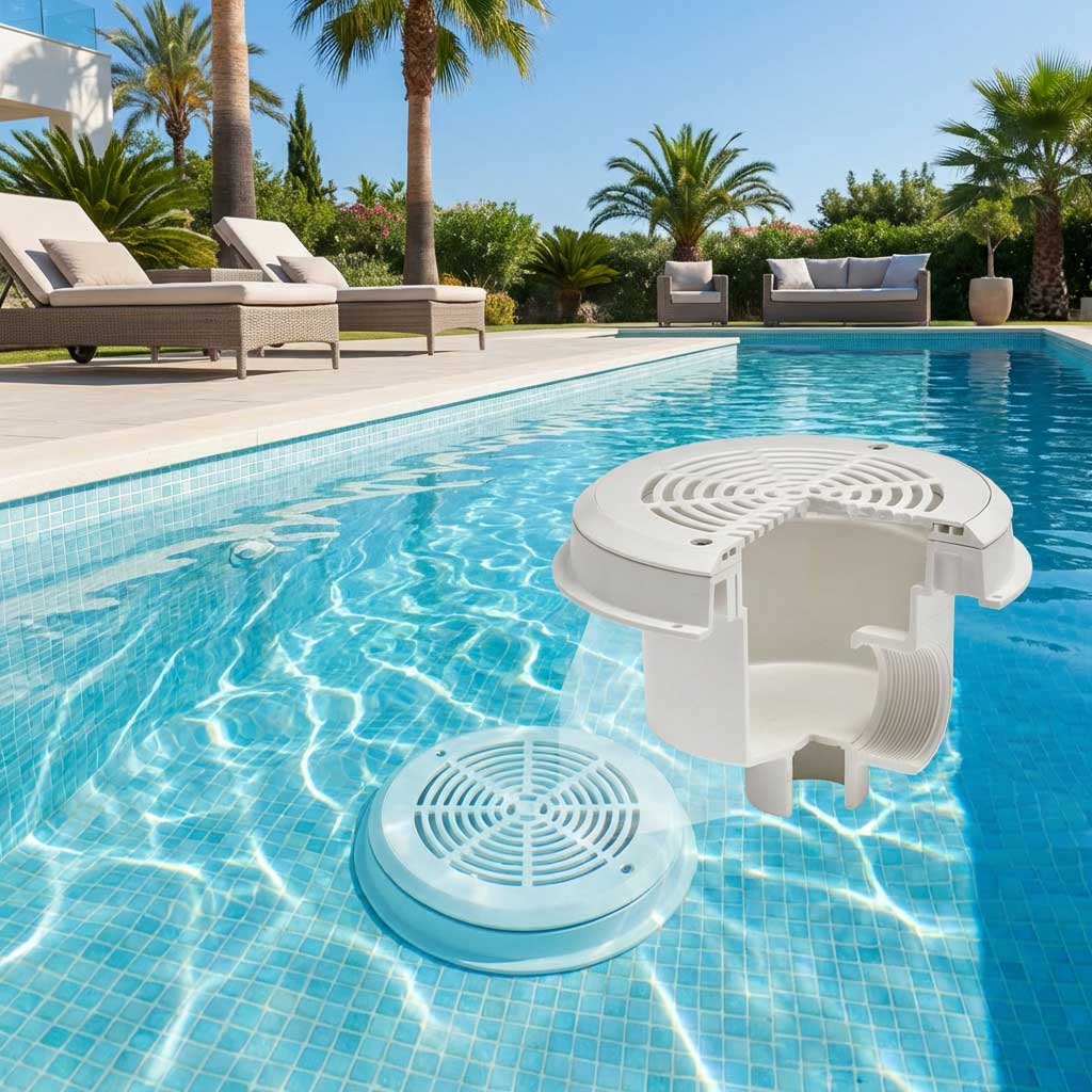 Poolskimmer und Abdeckung schwimmen im klaren, blauen Wasser.