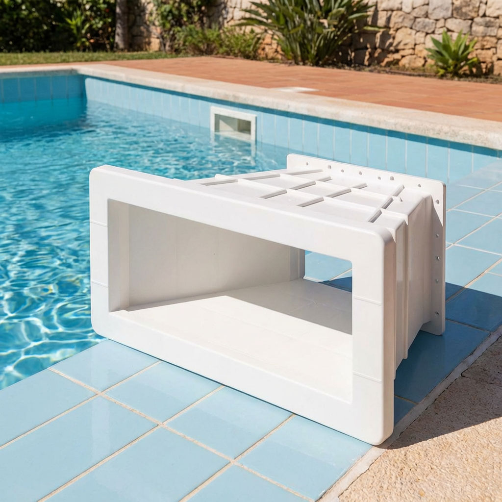 Skimmerkorbgehäuse aus weißem Kunststoff, positioniert neben einem Schwimmbad.
