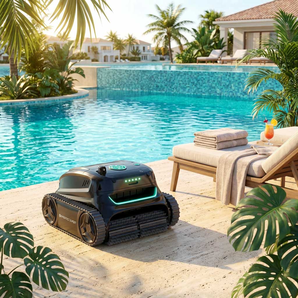 Roboter-Poolreiniger neben einem Swimmingpool auf einer Terrasse positioniert.