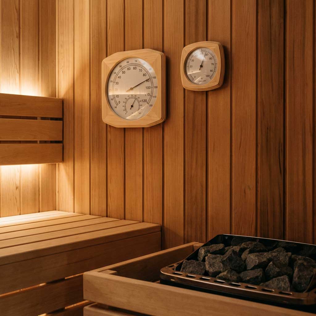 Innenansicht einer Holzsauna mit Temperatur- und Feuchtigkeitsmessern und vulkanischen Saunasteinen.