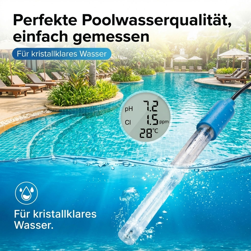 Digitales pH- und Chlormessgerät, eingetaucht in Poolwasser.