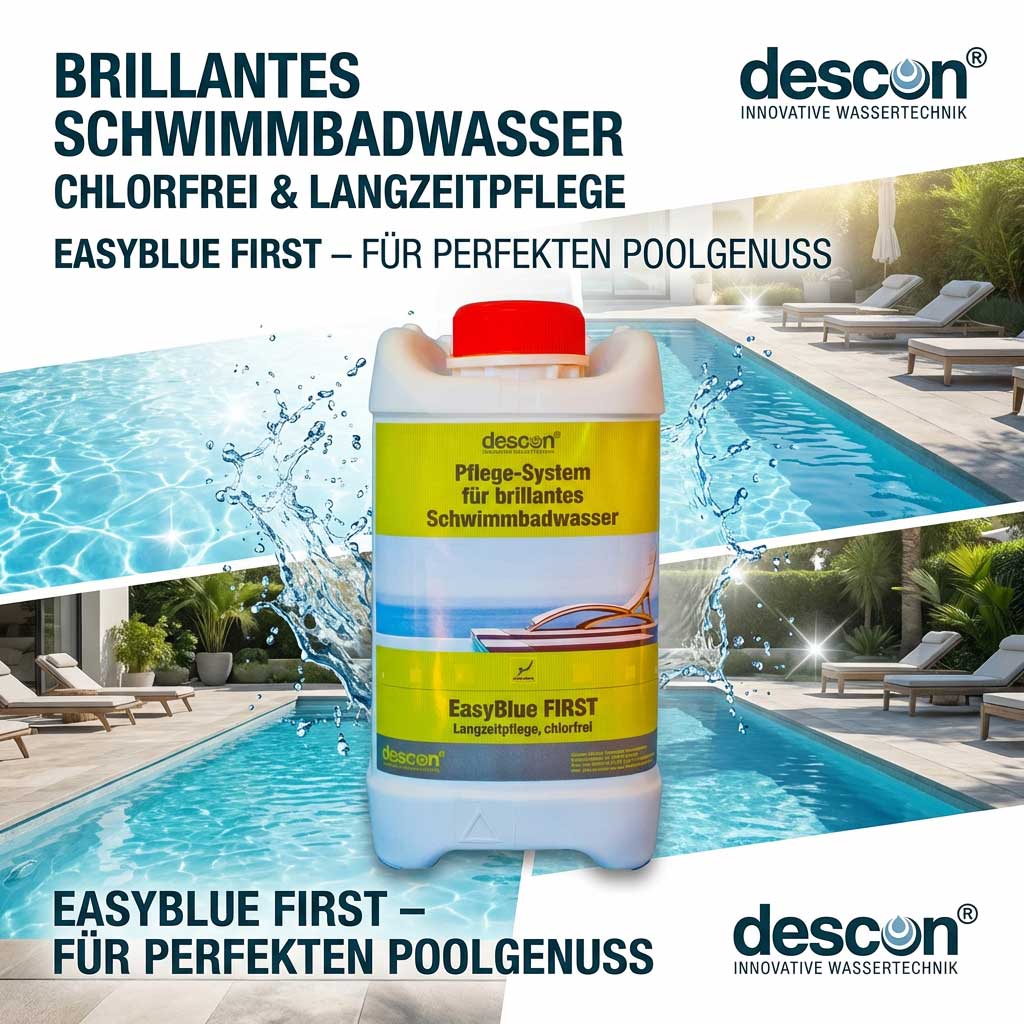 Weißer Kunststoffbehälter mit rotem Deckel und der Aufschrift „EasyBlue FIRST“ für die Poolwasseraufbereitung.