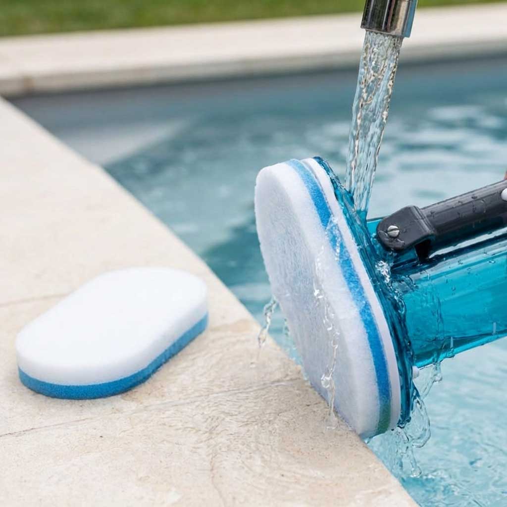 Wie pflege ich den Bayrol 2 in 1 Reinigungsschwamm und wann sollte ich das Pad wechseln?