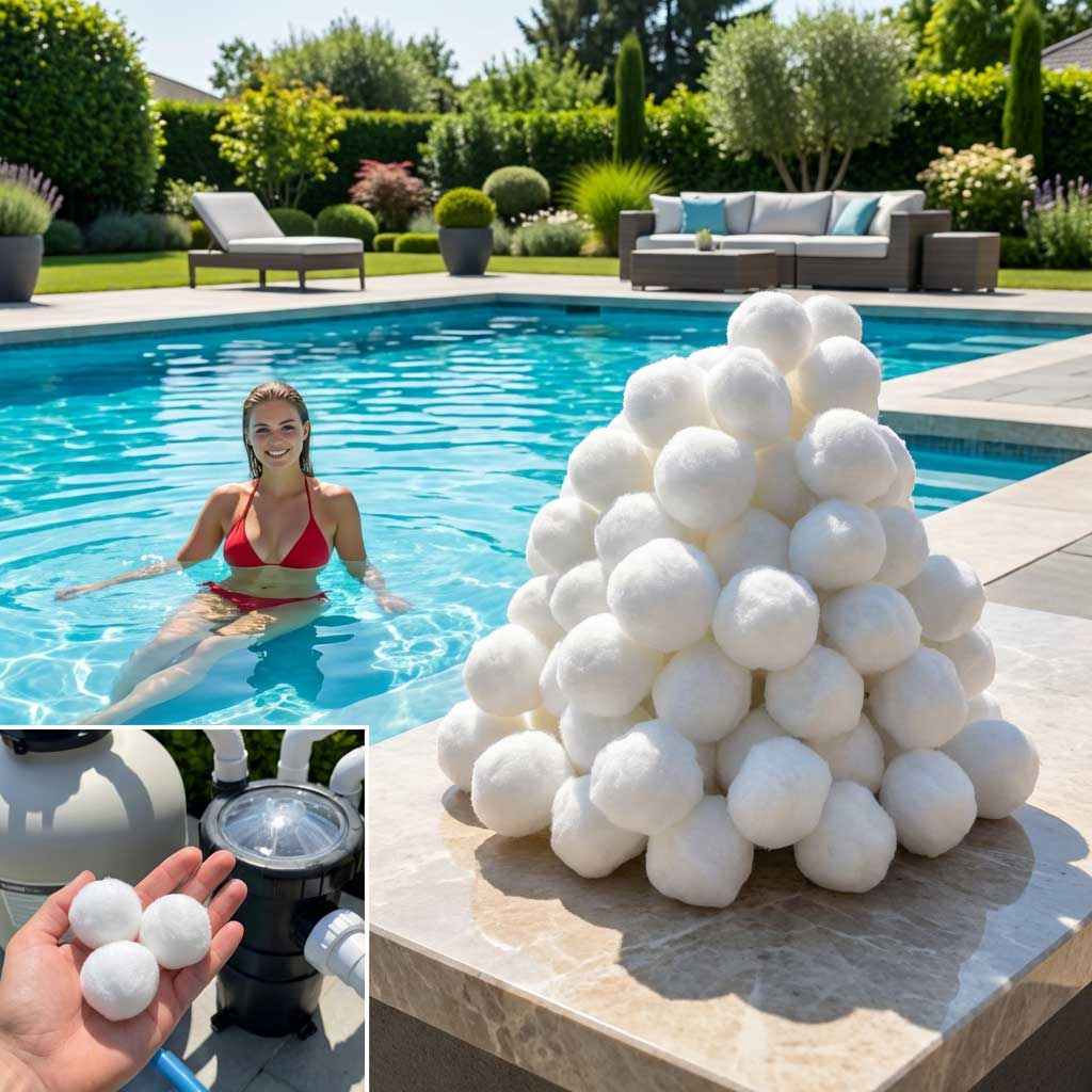 Eine Frau in einem roten Bikini in einem Pool, mit einer Pyramide aus Filterbällen und einer Hand, die Filterbälle hält.