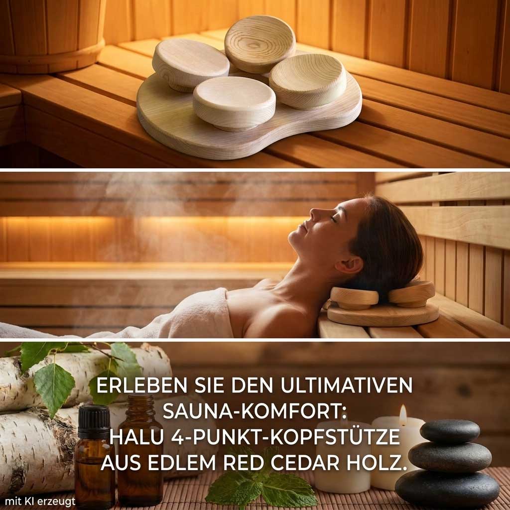 Eine vierpunktige hölzerne Kopfstütze für Saunen aus roter Zeder, die auf einer Holzbank ruht.