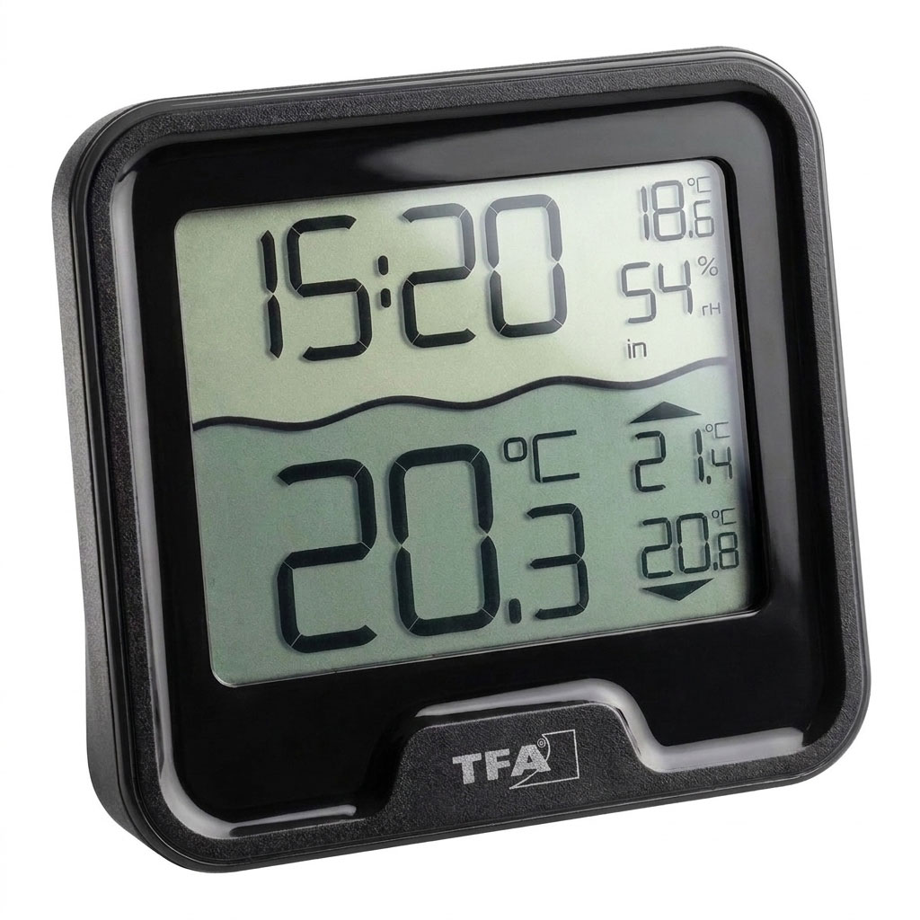 Digitales Poolthermometer mit schwarzem Rahmen, das Wassertemperatur und -zeit anzeigt.