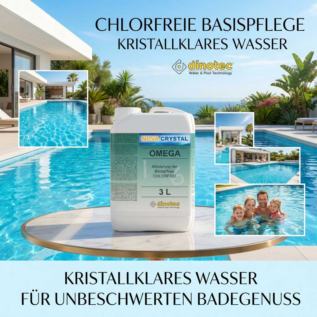 3-Liter-Flasche chlorfreies Poolpflegeprodukt am Schwimmbad.