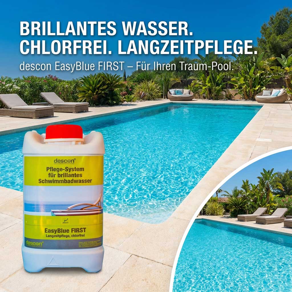 Rechteckiger Swimmingpool mit klarem, blauem Wasser und einem Poolchemikalienbehälter im Vordergrund.