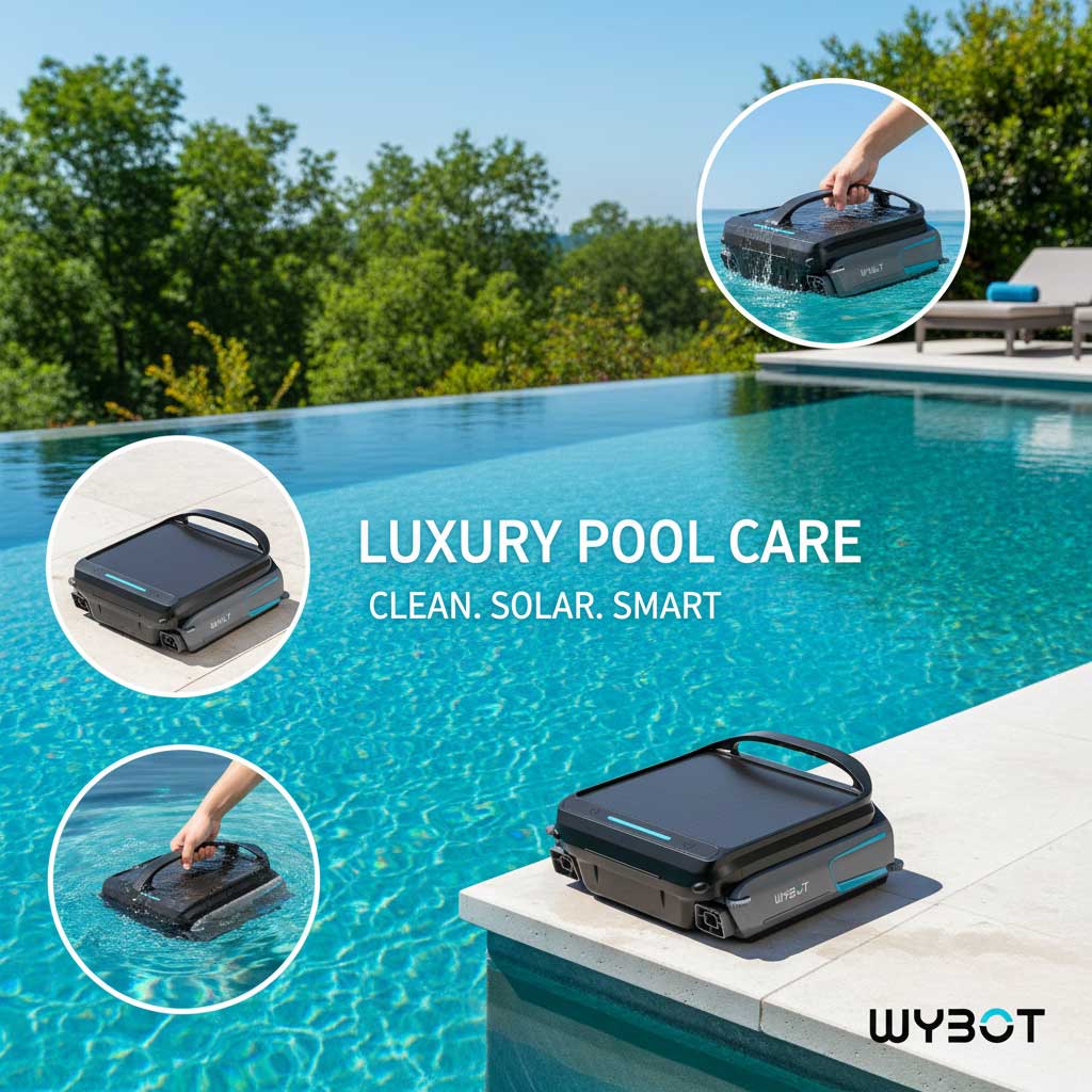 Solarbetriebener Poolreiniger am Beckenrand und im Einsatz.