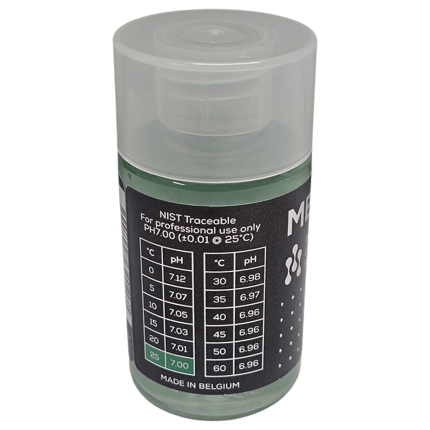 NIST-rückverfolgbare pH-Kalibrierlösung in einer durchsichtigen Flasche mit Messtabelle.