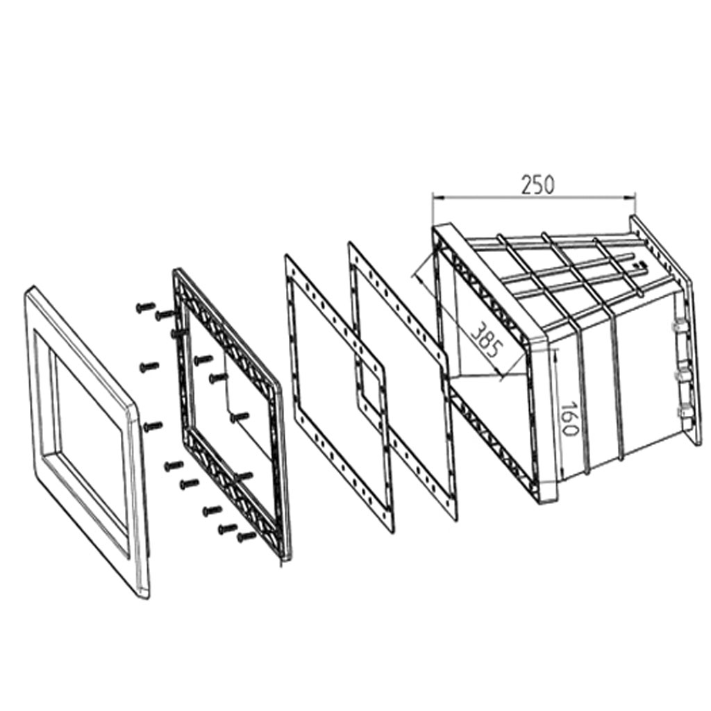 Explosionszeichnung einer rechteckigen Skimmer-Baugruppe mit Abmessungen für die Poolwasserfiltration.